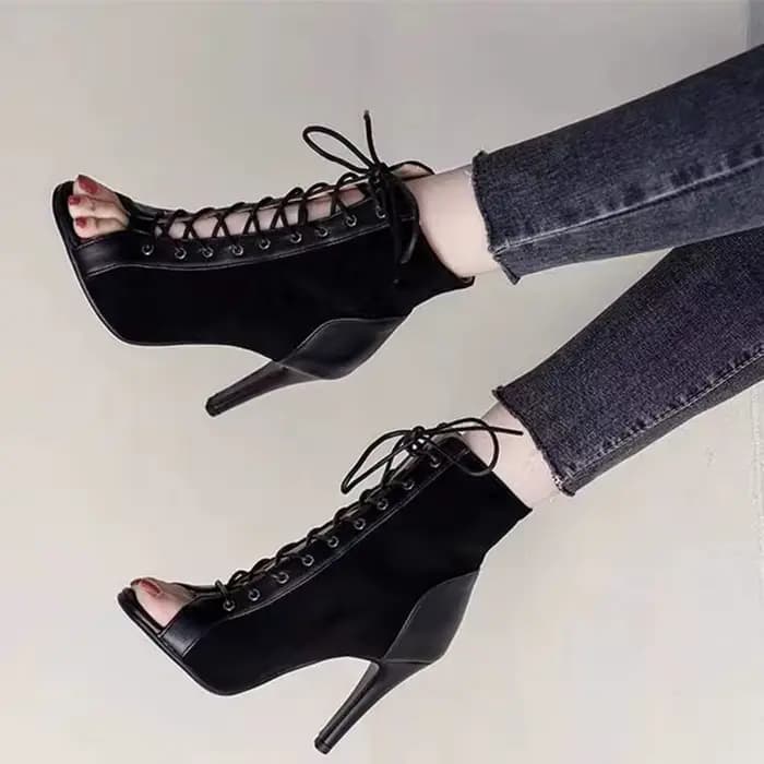 Sandales à lacets talons 9CM chaussures pour femmes été 2024 tendance noir Sexy bottes à bout ouvert mode tissu talons aiguilles Jazz danse femme