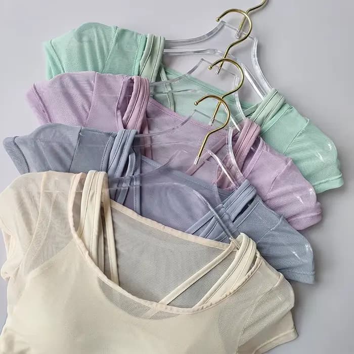 Combinaison de Fitness pour femmes, entraînement Pilates, coussin de poitrine, haut de Yoga, séchage rapide, sensation haut de gamme, sport, manches courtes, respirant