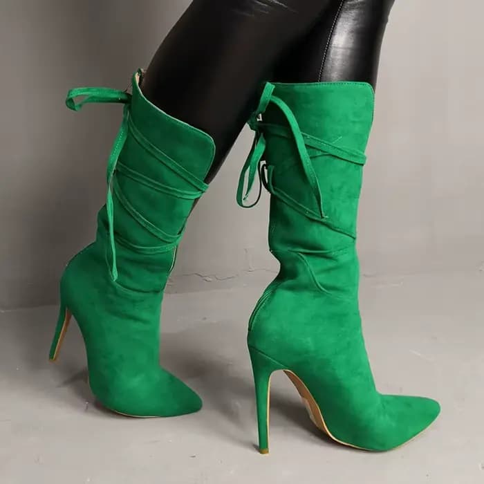 Femmes Sexy talons hauts bottes vertes à lacets mi-mollet chaussons bout pointu dame bottes de fête femme Botas