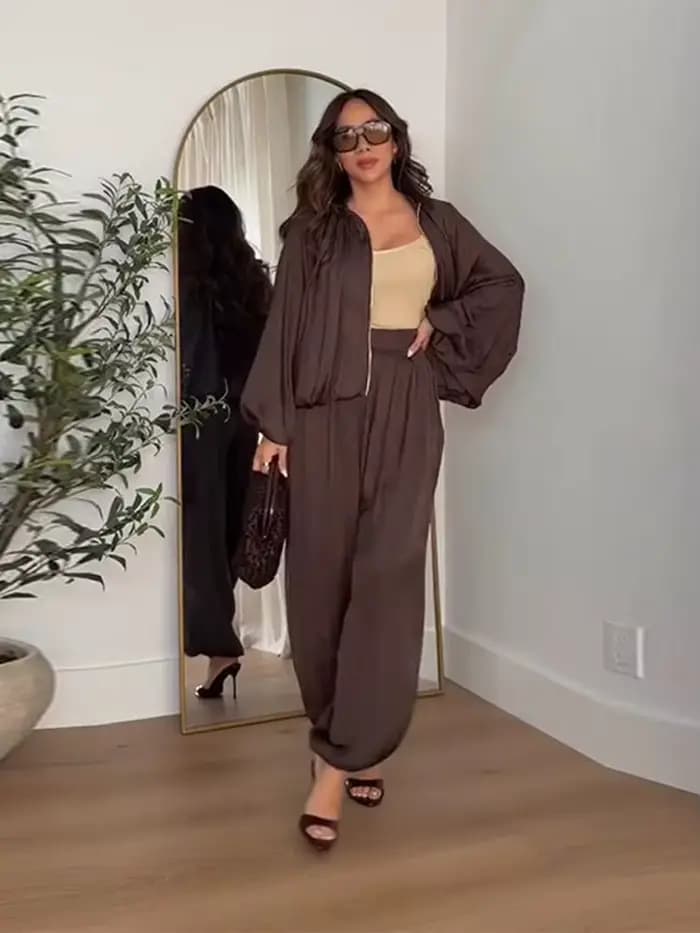 Ensembles de pantalons pour femmes en satin, veste ample à manches longues style pilote, pantalon lantern à taille élastique, tenues chics pour femmes, nouveautés printemps
