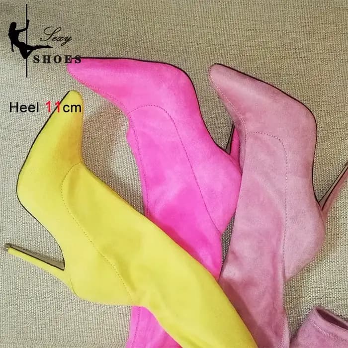 Daim Sexy sur le genou cuissardes longues bottes bout pointu extensible Sexy fête dame bottes couleur bonbon automne Winte chaussures pour femmes
