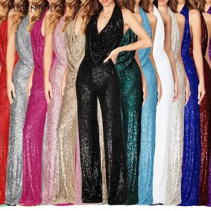Paillettes Sexy combinaisons femmes licou mode fête d'été élégant sans manches femme nouvelle taille haute rue droite barboteuses