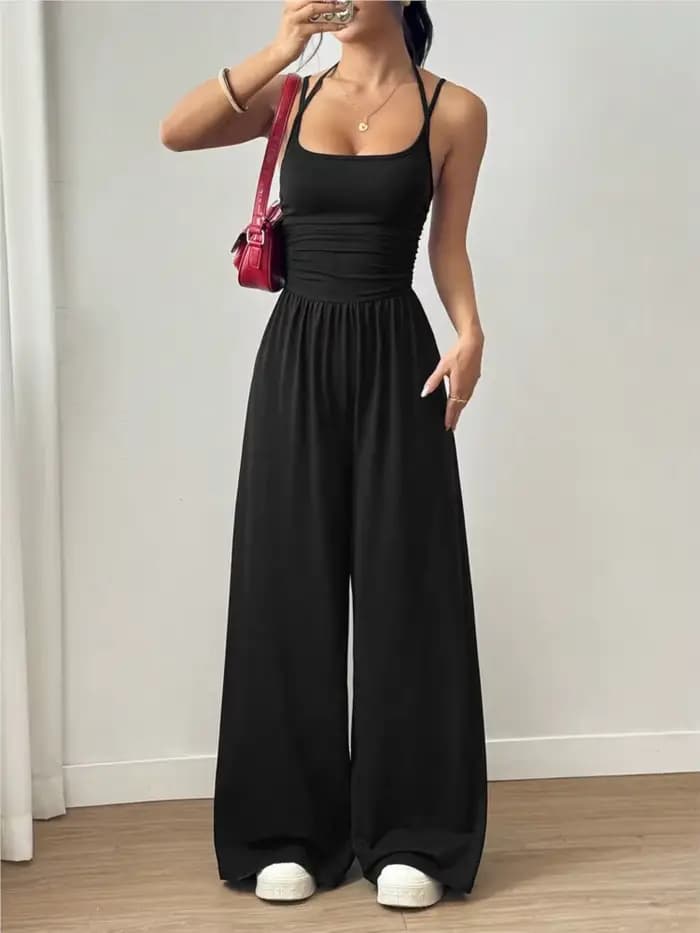 Combinaison Sexy dos nu pour femmes, couleur unie, mode, sans manches, bretelles Spaghetti, col en V, taille haute, jambes larges, pantalon pour vacances décontractées