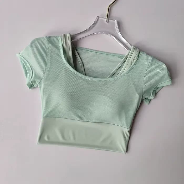 Combinaison de Fitness pour femmes, entraînement Pilates, coussin de poitrine, haut de Yoga, séchage rapide, sensation haut de gamme, sport, manches courtes, respirant