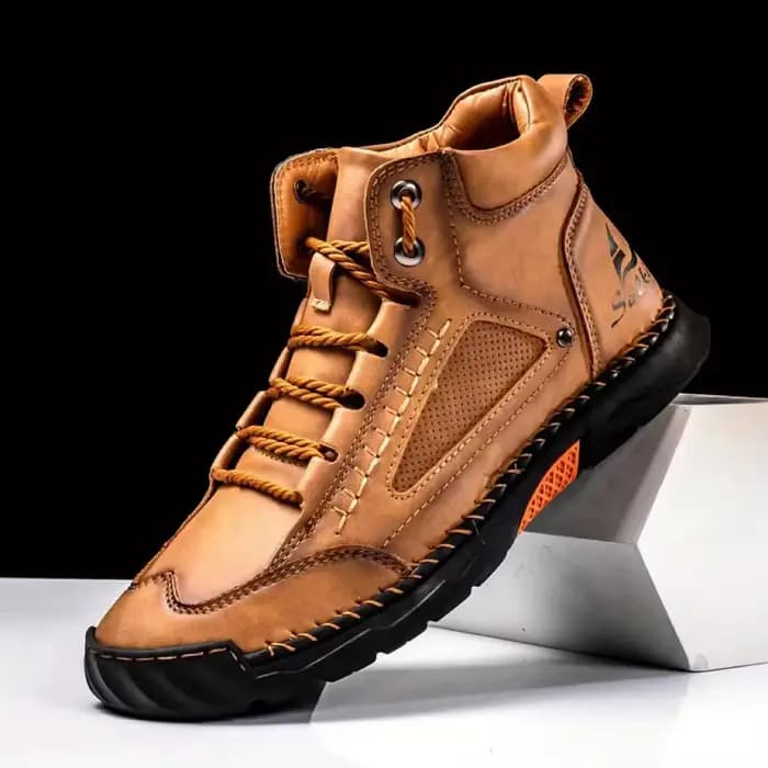 Bottes en cuir faites à la main pour hommes, baskets montantes en cuir tendance pour hommes, bottes décontractées d'extérieur à lacets marron plates