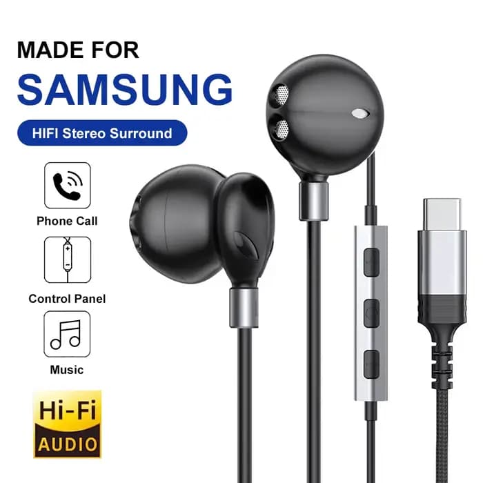 Pour Samsung casque filaire HiFi 9D son Surround avec contrôle par fil Type C 3.5mm écouteurs de musique pour Galaxy S25 24 Ultra A54 A53