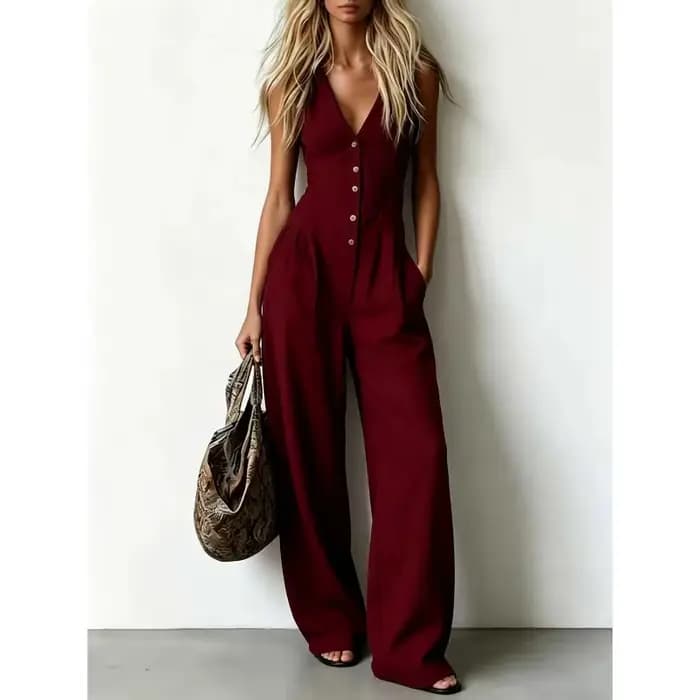 Combinaison décontractée d'été en lin pour femme, sans manches, col en V profond, boutonnée, taille haute, jambe large, poches, coupe ample, idéale pour les vacances