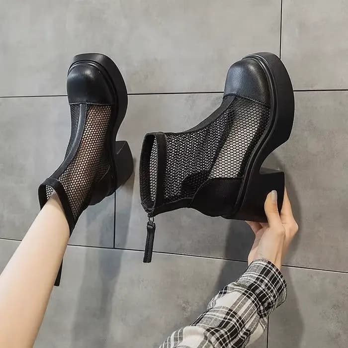 Bottes d'été fines en maille respirante pour femmes, à talon haut et ajourées, style polyvalent à semelle épaisse pour le quotidien, bout rond