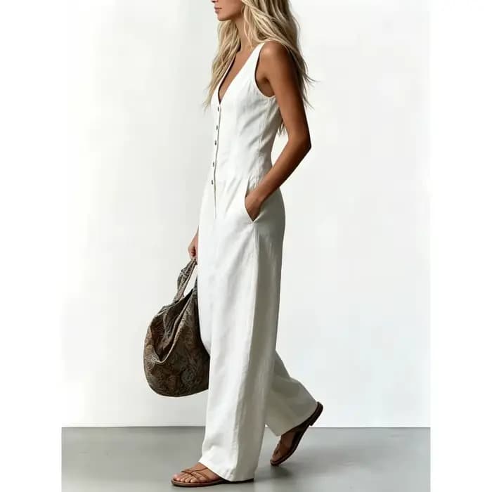 Combinaison décontractée d'été en lin pour femme, sans manches, col en V profond, boutonnée, taille haute, jambe large, poches, coupe ample, idéale pour les vacances