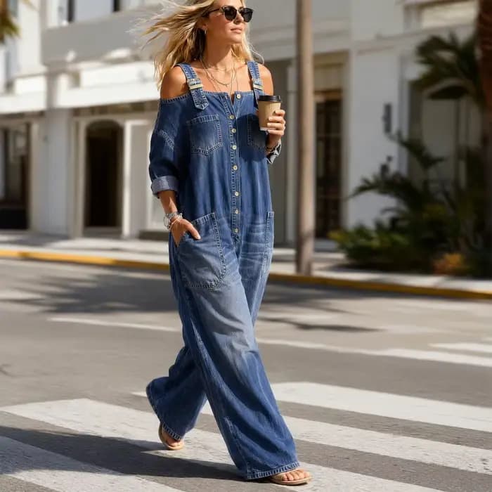 Combinaison en jean d'été pour femme, salopette ample à manches longues et épaules dénudées, combinaison en jean à jambes larges boutonnée avec poches