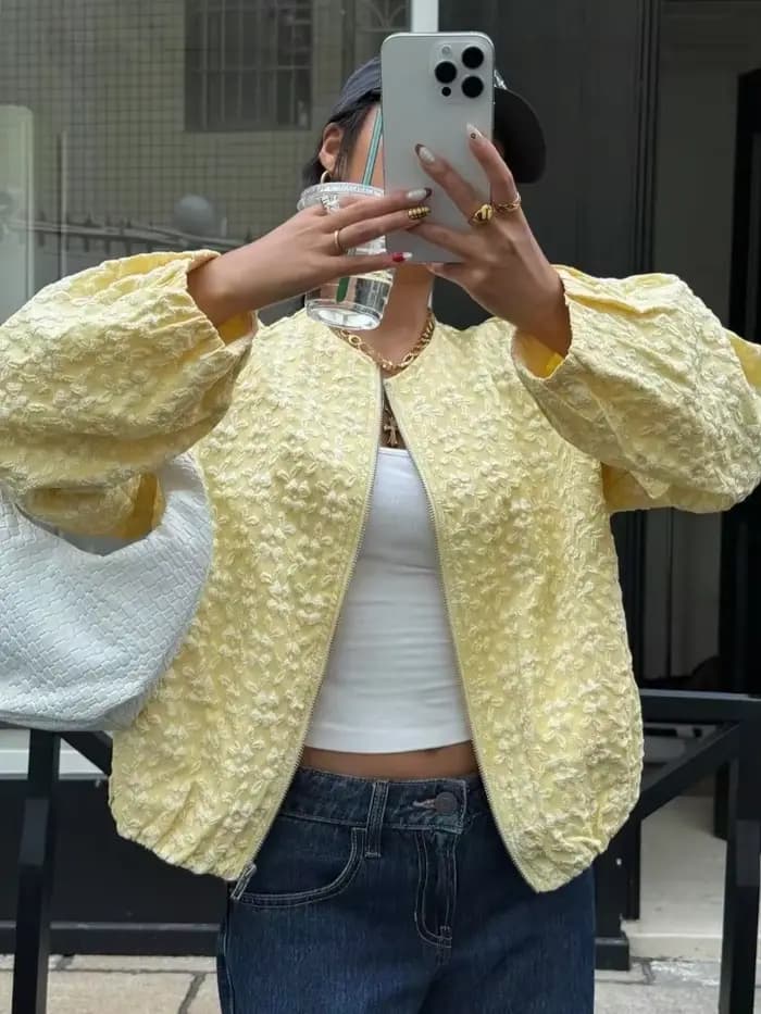 Femmes jaune Jacquard veste mode col rond fermeture éclair manches longues ample recadrée manteau dame décontracté haute rue vêtements d'extérieur quotidiens