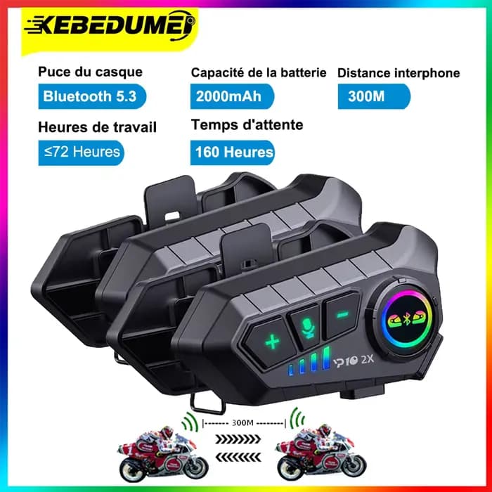 Kebidumei YP10 Bluetooth casque de Moto Interphone 300M Intercomunicador sans fil 2000Mah