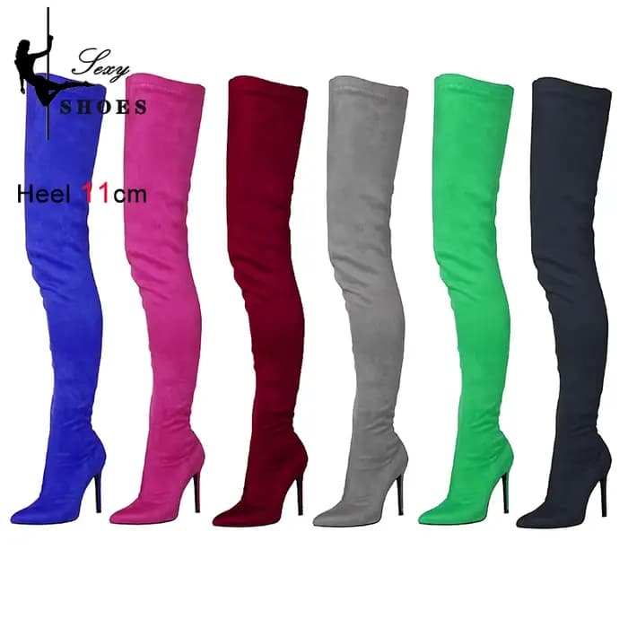 Daim Sexy sur le genou cuissardes longues bottes bout pointu extensible Sexy fête dame bottes couleur bonbon automne Winte chaussures pour femmes