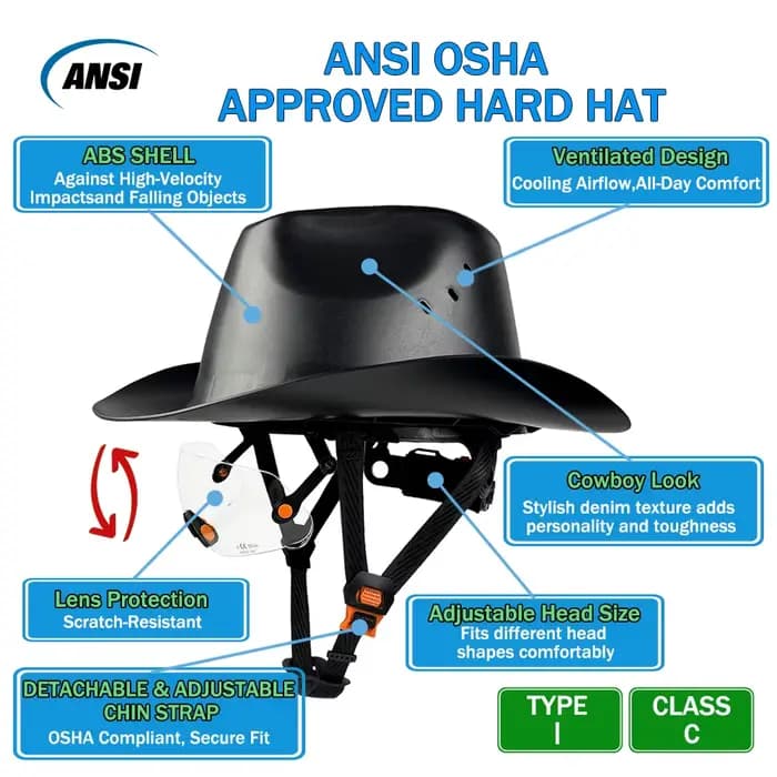 Casque de sécurité ANSI respirant style cowboy avec lunettes intégrées
