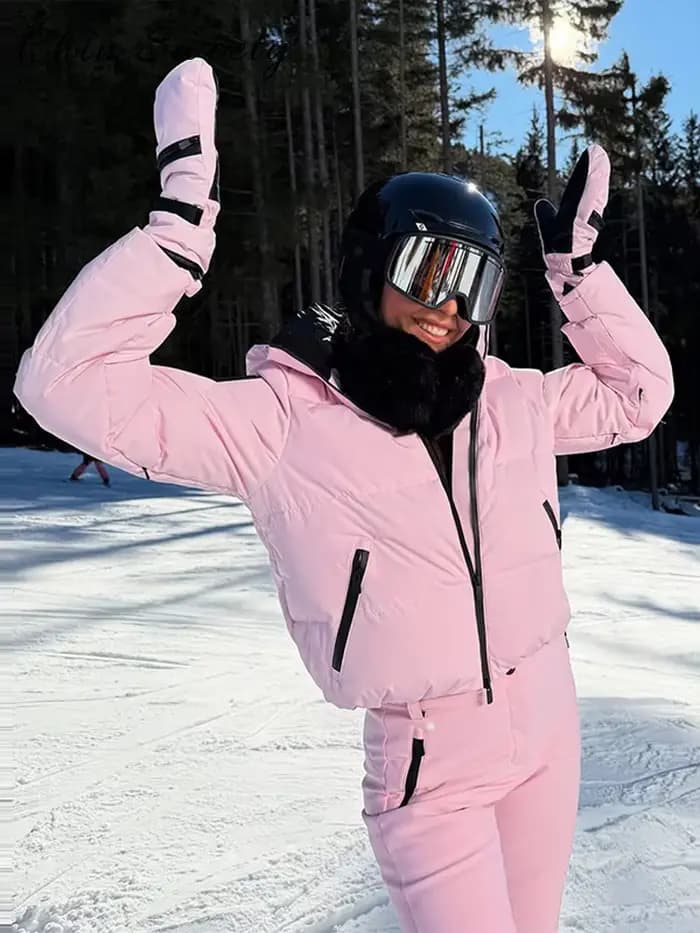 Combinaison de ski chaude pour femme avec ceinture, col montant, manches longues, fermeture éclair, coupe droite, épaisse, collection Hiver 2026, vêtements chics pour femme