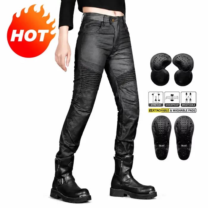 Jean de moto pour femme en denim enduit noir