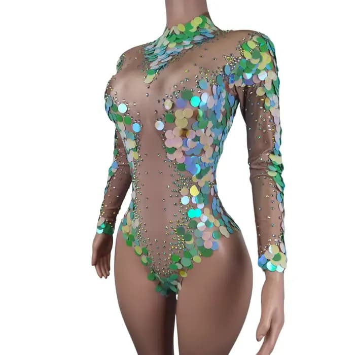 Sequin Jumpsuit Ladies Jazz Dance Show Clothing Party Sexy Rompers Women Party Mesh Rhinestone Bodycon Jumpsuits