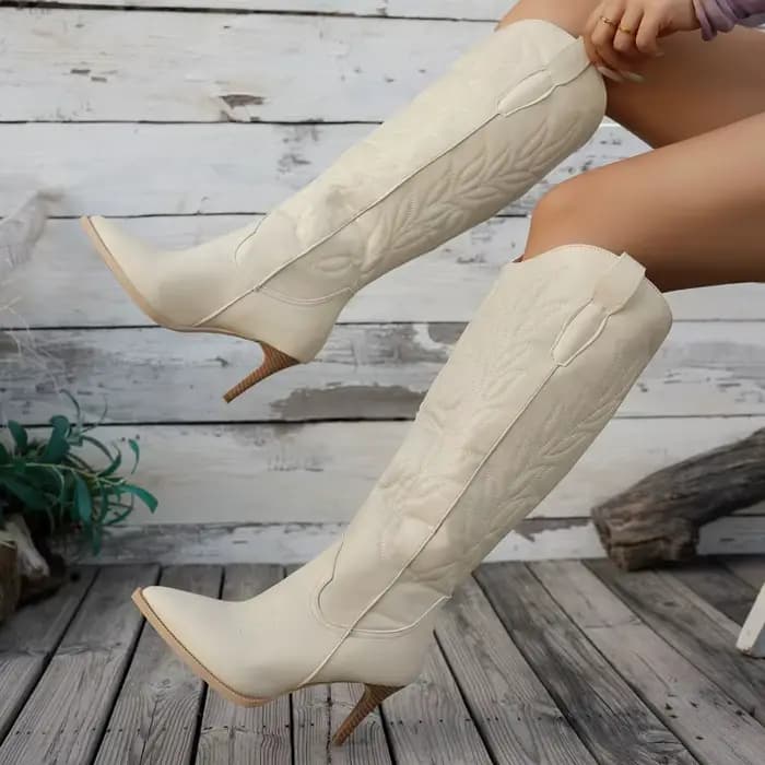 Bottes à talons hauts brodées à bout pointu pour femmes, bottes en cuir mi-mollet, style créateur, à enfiler, bottes longues d'hiver