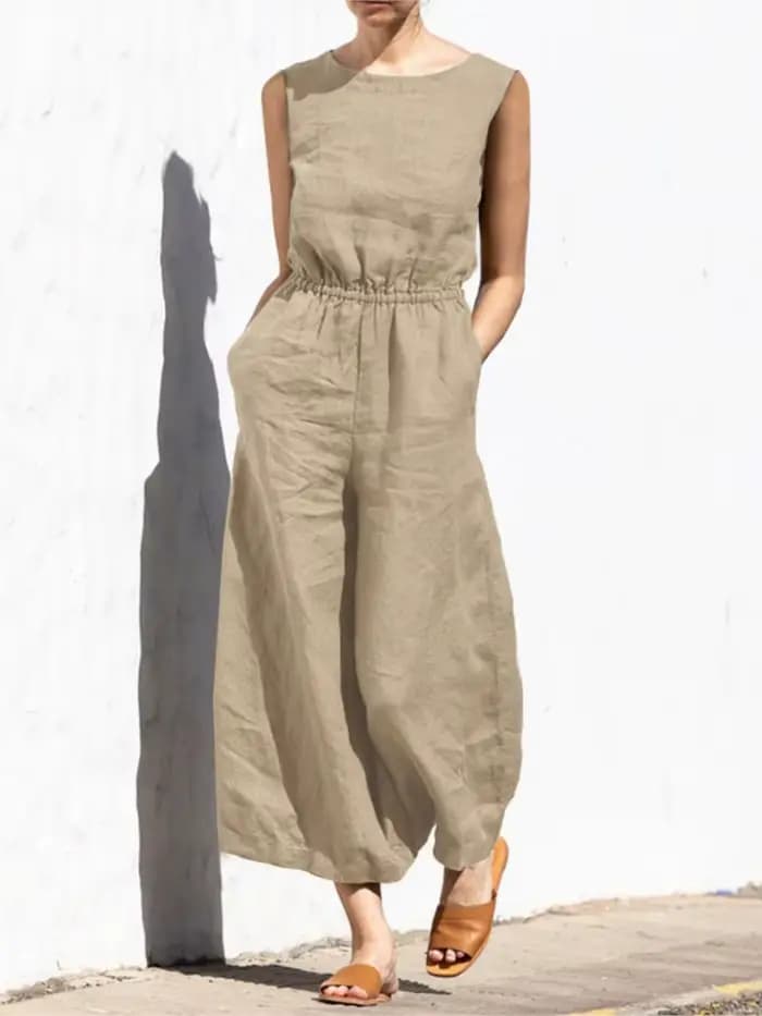 Combinaison en coton et lin pour femmes, élégante, couleur unie, avec boutons, col rond, poche en fibre, taille élastique, vêtements de bureau