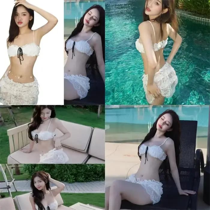 Maillot bain 3 pièces pour femmes, maillot bain à bretelles Spaghetti, avec jupe plage, ensemble costumes