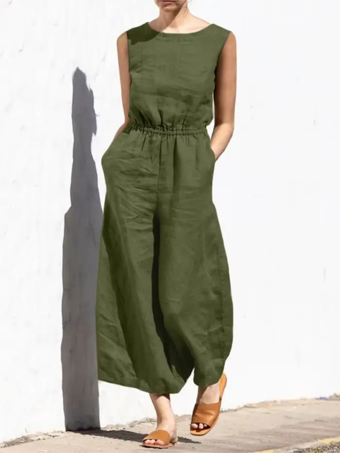 Combinaison en coton et lin pour femmes, élégante, couleur unie, avec boutons, col rond, poche en fibre, taille élastique, vêtements de bureau