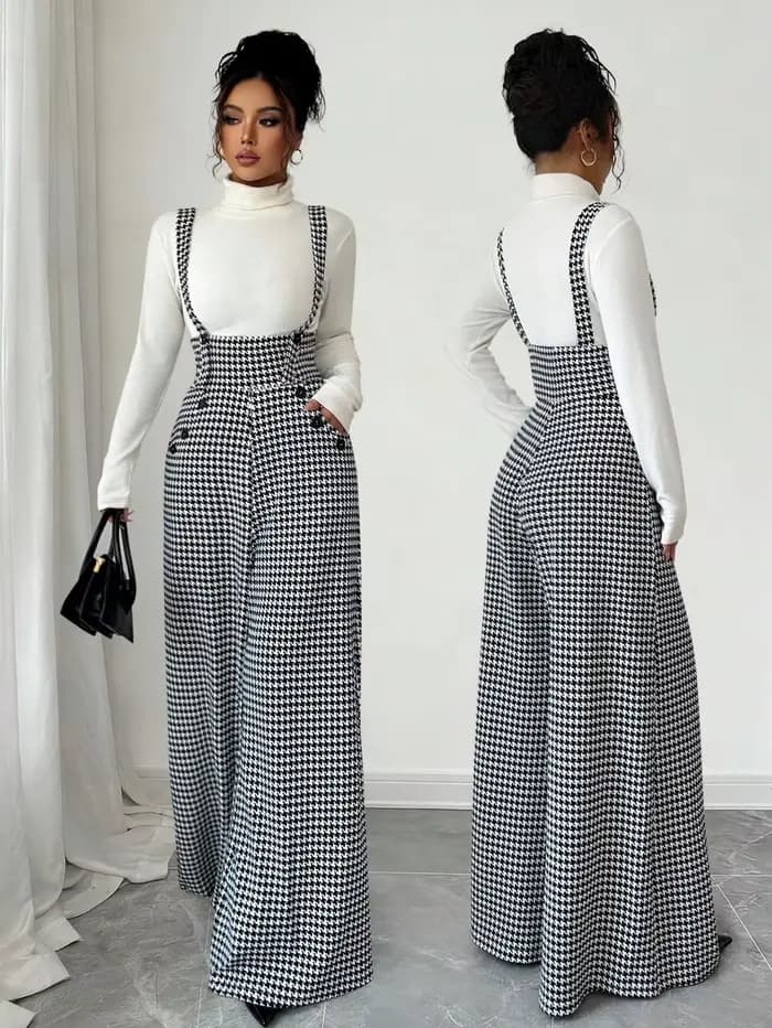 Combinaison pour femme, combinaison d'hiver, noir et blanc, vintage, pantalon à jambes larges, bretelles, pour le bureau, les trajets quotidiens, vêtements décontractés pour femmes