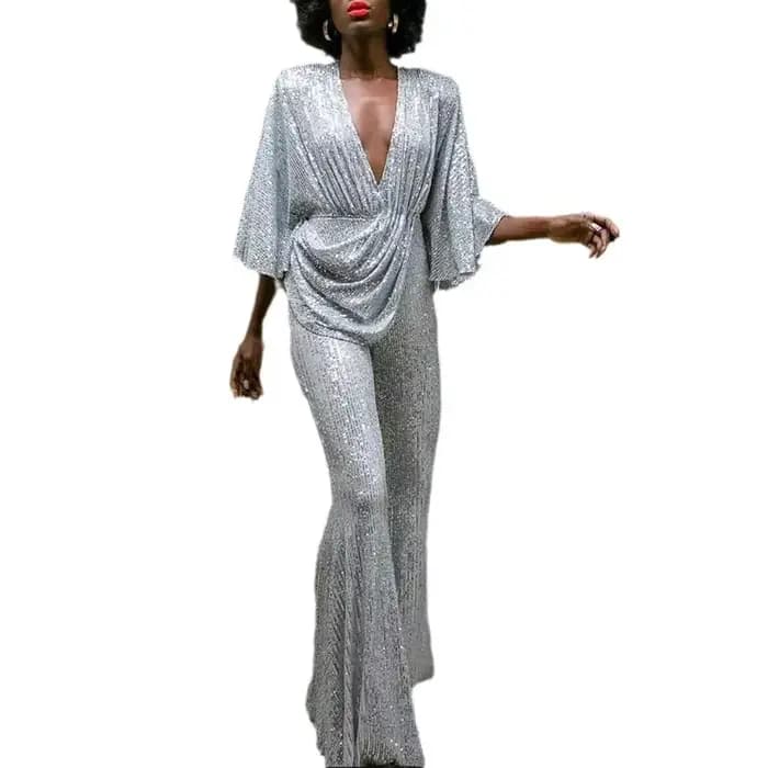 Combinaison dos nu à paillettes pour femmes, demi-manches, pantalon à jambes larges, combinaisons de fête, Sexy