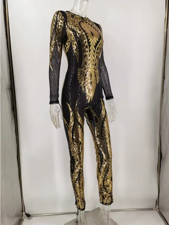 Combinaison moulante sexy à manches longues et sequins pour femme, tenue une pièce pour soirée d'anniversaire ou boîte de nuit, combinaison-pantalon pour femme