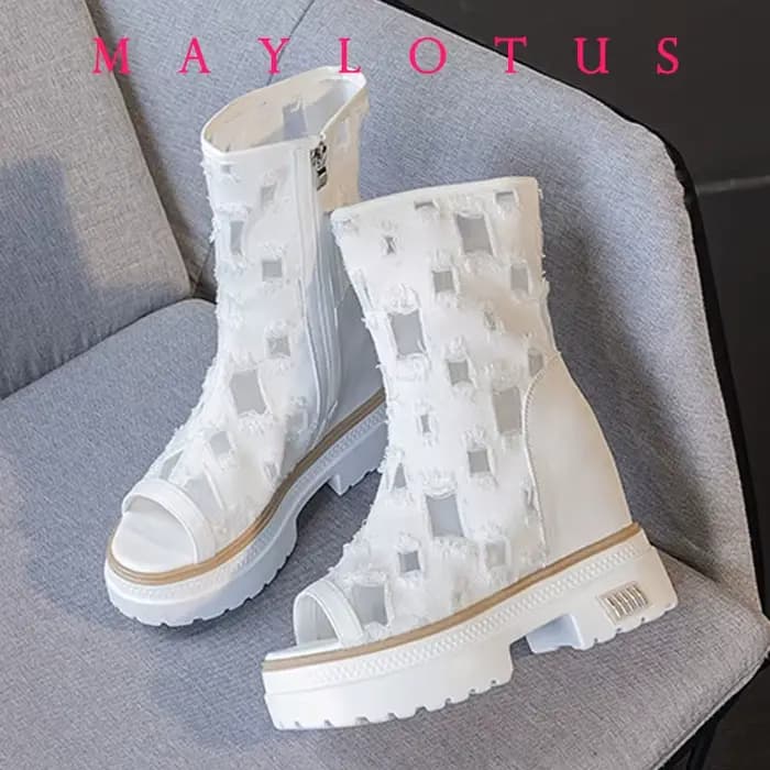 Augmenter 10cm Air Mesh mi-mollet bottes talons épais moto plate-forme compensée respirant Peep orteil été creux femmes botte chaussures