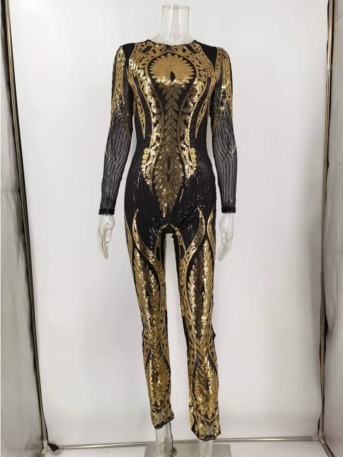 Combinaison moulante sexy à manches longues et sequins pour femme, tenue une pièce pour soirée d'anniversaire ou boîte de nuit, combinaison-pantalon pour femme
