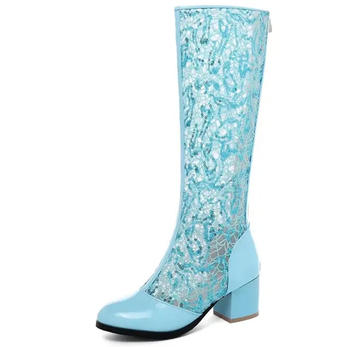 Printemps été femmes bottes mode genou botte haute fermeture éclair talons bas décontractés maille respirant blanc bleu dames chaussures de fête grande taille