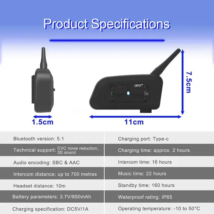 EJEAS V7 casque de moto Bluetooth Interphone