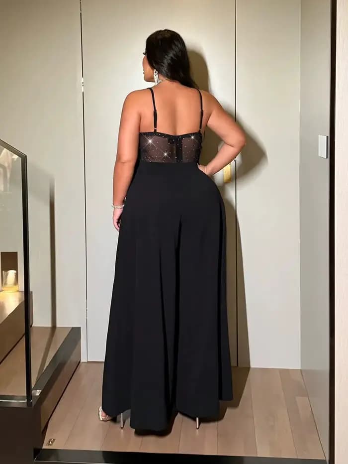 Combinaison sexy à jambes larges pour femme grande taille, une combinaison élégante dos nu avec maille extensible scintillante, adaptée aux dates, aux fêtes