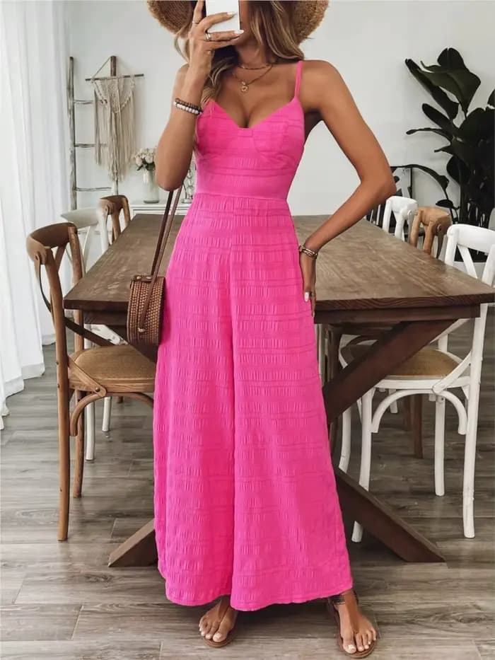 2025 Style Simple combinaison combinaisons pour femme jambe large vêtements pour femmes décontracté sans manches fronde couleur unie vacances vacances