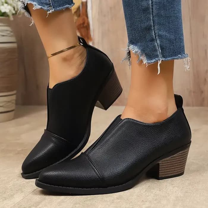 Bottines à talons épais et bout pointu pour femmes, chaussures habillées noires de Style britannique, bottes Chelsea en cuir PU à la mode, nouvelle collection 2025