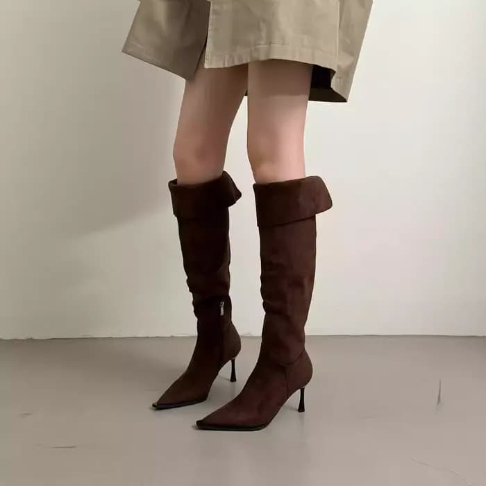 Bottes élégantes à talon fin et bout pointu pour femme, bottes superposées avec boucle de ceinture, bottes plissées à talon haut au-dessus du genou, bottes fines élégantes 253