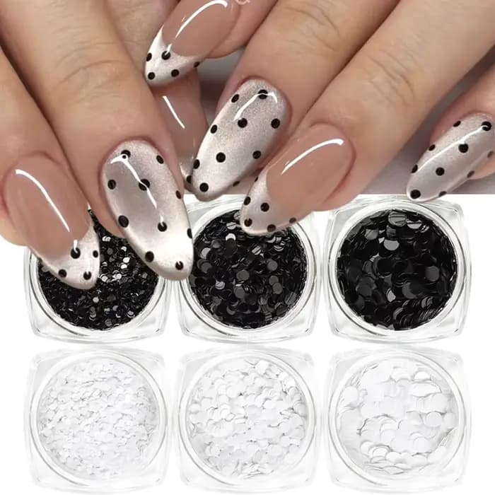Accessoires de nail art à pois noirs et blancs scintillants, nail art rétro à motifs floraux et paillettes, paillettes rondes polyvalentes DIY