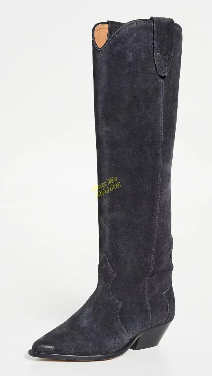 Bottes hautes en daim noir à talon carré, bout pointu sexy, talon moyen, faites à la main, style western cowboy, en cuir noir, Nouveautés