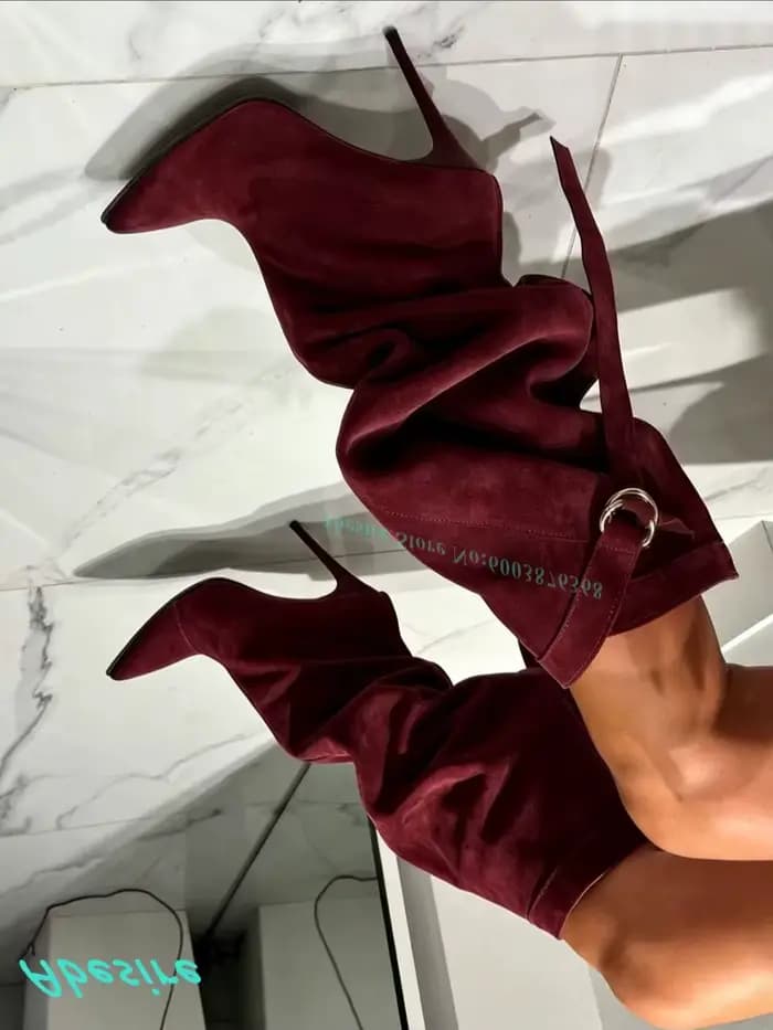 Bottes hautes en daim rouge à bout pointu avec boucle et talons aiguilles pour femme – Chaussures décontractées et élégantes pour le style urbain quotidien