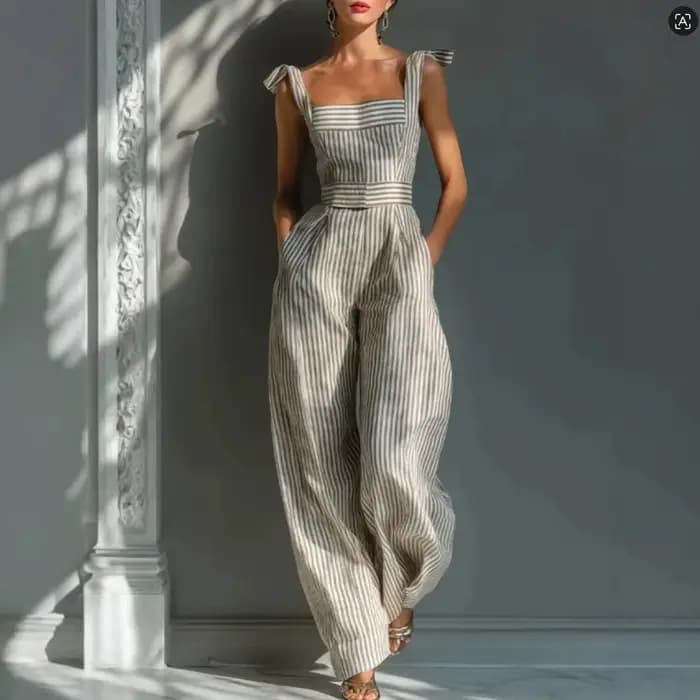 Nouvelle Combinaison Rayée à Lacets Tendance 2026, Col Carré, Sans Manches, Décontractée et Ajustée pour Femme V207