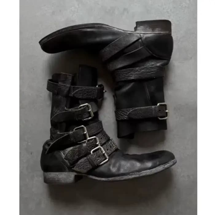 Bottes mi-mollet noires vintage pour hommes à multiples boucles