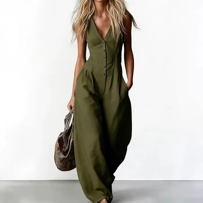 Combinaison décontractée d'été en lin pour femme, sans manches, col en V profond, boutonnée, taille haute, jambe large, poches, coupe ample, idéale pour les vacances
