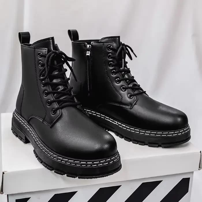 Bottes de moto en cuir verni noir pour homme