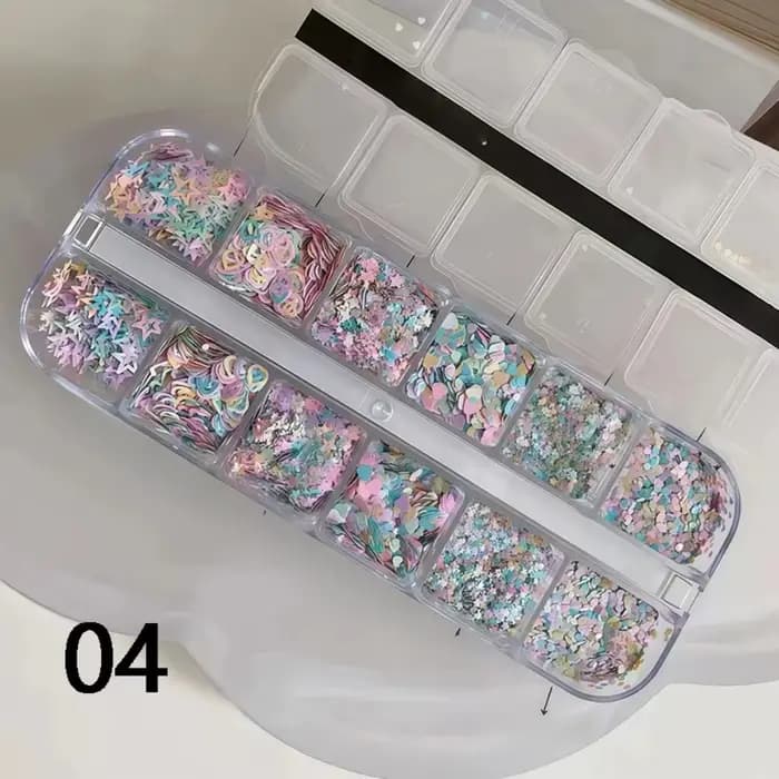 1 pièce d'accessoires pour nail art à 12 compartiments, à pois et pailletés, style Instagram ; accessoires pour nail art rétro à fleurs et paillettes.