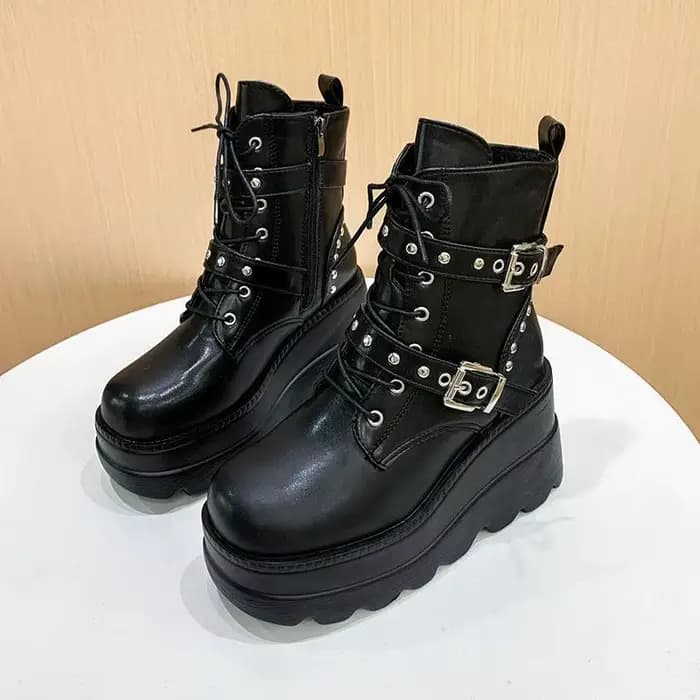 Bottes de moto mi-mollet à boucle de ceinture grande taille pour femme