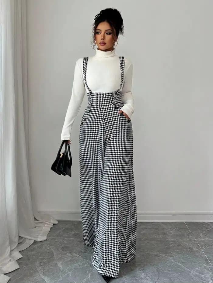 Combinaison pour femme, combinaison d'hiver, noir et blanc, vintage, pantalon à jambes larges, bretelles, pour le bureau, les trajets quotidiens, vêtements décontractés pour femmes