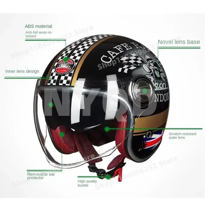 BEON rétro casque de moto Double lentille demi-casque hiver chaud Protection des oreilles doublure à la mode Graffiti