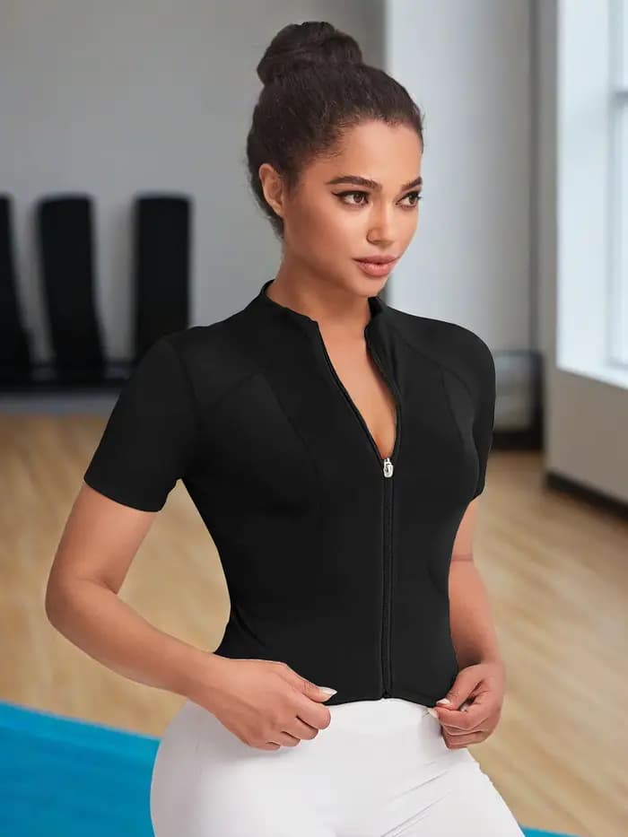 Haut de costume de yoga pour filles, veste haut de gamme à fermeture éclair complète, T-shirt de sport, entraînement, course à pied, manches courtes, été