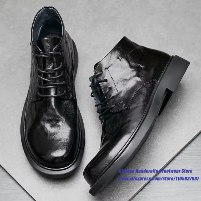 Bottes pour hommes en cuir de vachette noir froissé