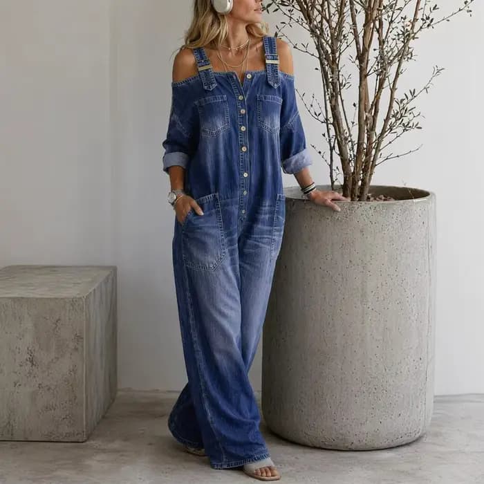 Combinaison en jean d'été pour femme, salopette ample à manches longues et épaules dénudées, combinaison en jean à jambes larges boutonnée avec poches